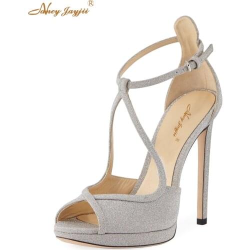 Fawne Glitter Leather 120mm Sandal Woman Ankle Strap Pumps High Thin Heels Peep Toe Party Dress Ladies Bling Sliver Shoes Size 6