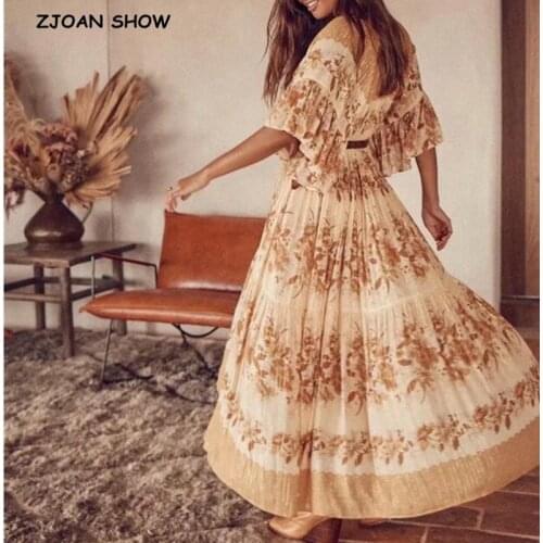 2020 Women Lace up V neck Leaves Striped Print Flare Sleeve BOHO Dress Holiday Loose Ankle-Length Maxi Long Swing Dresses Beach