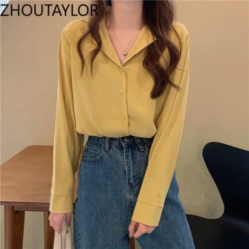 ZHOUTAYLOR Women Shirts Office Lady Notched Collar Full Sleeve Solid Blouses Femme Straight Single Breasted Autumn Tops Female