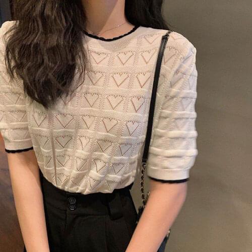 Heart-shaped Hollow Short-sleeved Sweater Ice Silk T-shirt Lazy Chic Blouse Korean Version 2021 Summer