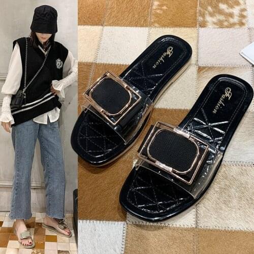 Slippers Women 2021 New Summer Fashion Womens Slippers Transparent Fashion Simple Square Buckle Outdoor Flat Shoes