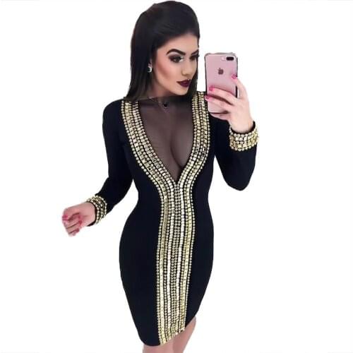 High Quality Black Long Sleeve Mantual Beading Rayon Bandage Dress Sexy Evening Party Bodycon Dress
