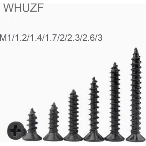 WHUZF 500Pcs M1.4 M1.7 M2 M2.3 M2.6 M3 M4 Carbon steel Black Cross recessed countersunk Flat head tapping screws Wood Screw