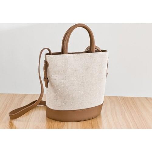WOONAM Women Fashion Handbag Top Hide Genuine Calf Leather Trimmed Selected Canvas Bucket Tote Bag WB1153