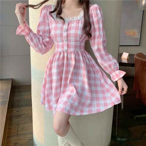 Japanese Kawaii Lolita Mini Dress Women Sweet Cute Feminine Dress Flare Sleeve Square Collar Lace Pink Plaid Beading Dress 2021