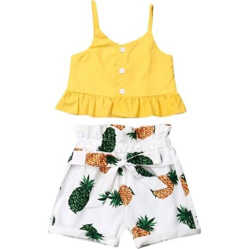 Yellow Sling Tops+Pineapple Print Shorts Pants 2PCS Toddler Kid Baby Girl Ruffle Outfits Clothes Set Summer