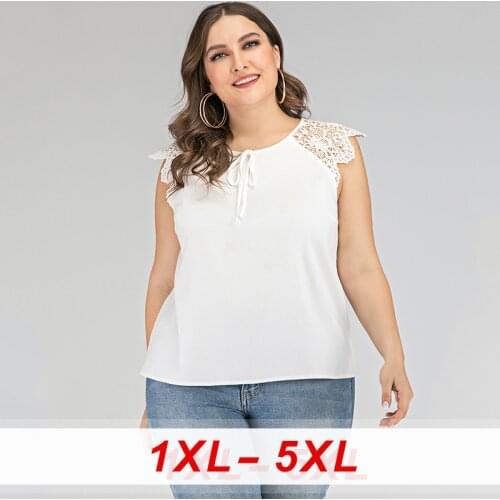Women Blouses Floral Lace Women Sleeveless Lace O Neck Blouse Loose Casual Tops Large Size Blouse Plus Size White Short Shirt