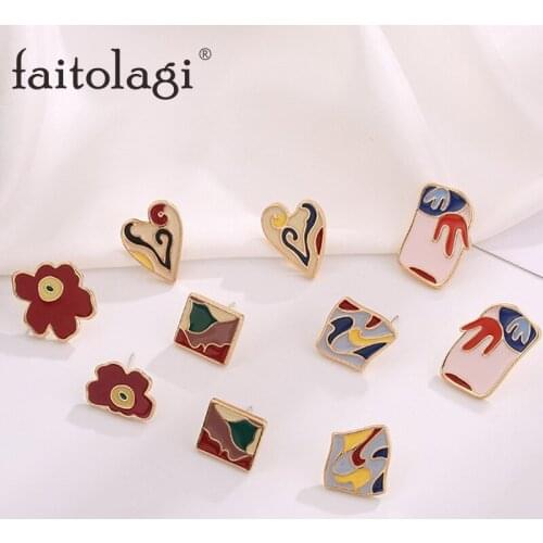Vintage Heart Stud Earrings For Women Irregular Ethnic Retro Pattern Piercing Drip Glaze Earrings Fashion Girls Party Jewelry