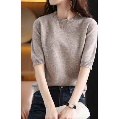 Hot Sale 100% Wool Cashmere Womens Sweaters And Pullovers Autumn Female O-Neck Clothing Short SLeeve Soft Jumper Tops Spring