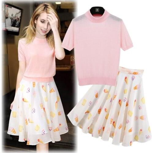 Womens suit spring and autumn new casual fashion solid color temperament pleated chiffon skirt two-piece suit