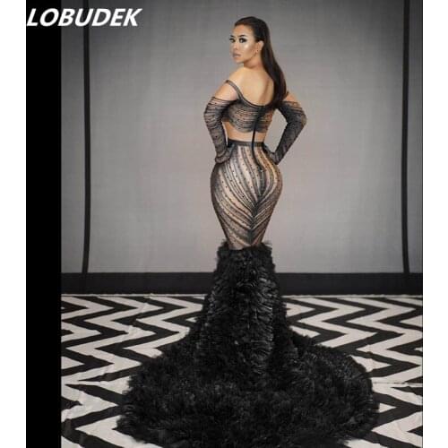 Women Fashion Birthday Prom Black Rhinestones Floor Length Tailing Dress Evening Party Stage Models Catwalk Mermaid Long Dress