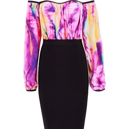 2018 New Black&Purple Colorful Women Sexy Bodycon Dress Long Sleeve Off Shoulder Elegant Bandage Celebrity Vestidos Party Dress