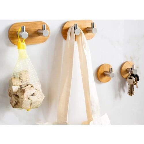 1PC Adhesive Bamboo Stainless Steel Hook Wall Clothes Bag Headphone Key Hanger Kitchen Bathroom Door Towel Shelf Rack QA 171