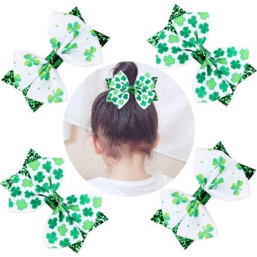 10pcs/Lot New Girls Glitter Bow Hairpin Elegant Green Clover Tie Hair Clip Accessories St. Patricks Day Party Headwear
