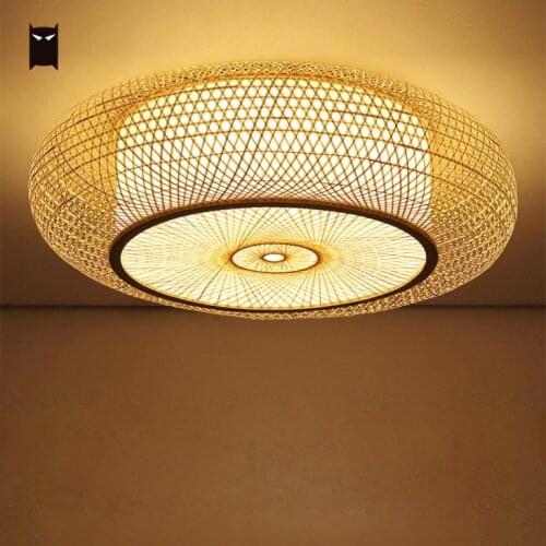 Bamboo Wicker Rattan Round Ripple Ceiling Light Fixture Craft Vintage Rustic Asian Japanese LED Plafon Lamp Bedroom Living Room