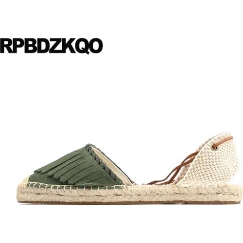 Size 35 espadrilles 10 chinese sandals fringe ladies beautiful flats shoes women lace up suede green casual hemp large tassel