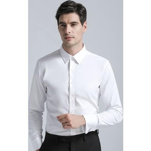 High Quality Mens Dress Shirt Regular Fit Cotton Cufflink Solid Color Long Sleeve Business Suits Blouse