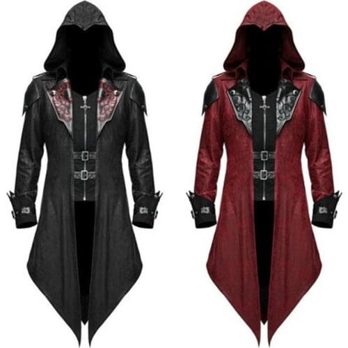 Men Fashion Retro Medieval Hooded Leather Jackets Halloween Knight Cosplay Vintage Windbreaker Coats Outerwear Party Costume