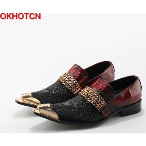 Handmade Alligator Leather Metal Toe Men Shoes With Gold Chain Buckle Black Red Party Banquet Men Dress Wedding Loafers Shoes
