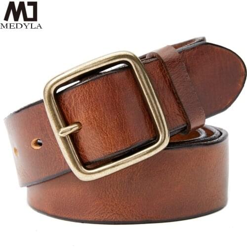 MEDYLA Retro Leather Belt Mens Copper Buckle Thick Mens and womens Casual Fashion Genuine Leather Hand-made Belt 21403