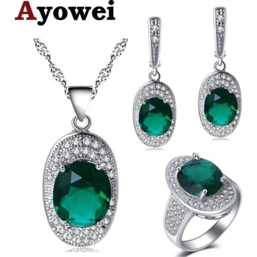 Ayowei Silver ingots green For women Earrings Necklace pendant Rings Jewelry Sets USA size #6#7#8#9#10 JS716A