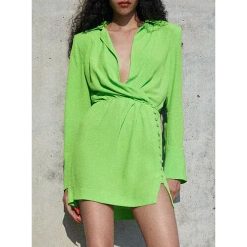 ZA dress 2021 summer new style womens fashion deep V-neck pleated slim fit shirt dress with padded shoulders