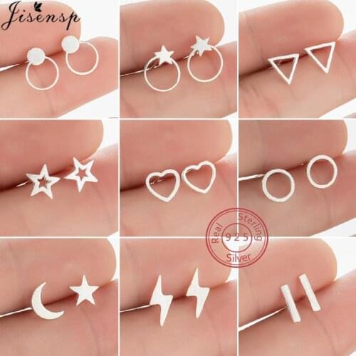 Real 925 Sterling Silver Geometric Earrings for Women Girls Jewelry Small Heart Star Round Lightning Earing Child Birthday Gifts