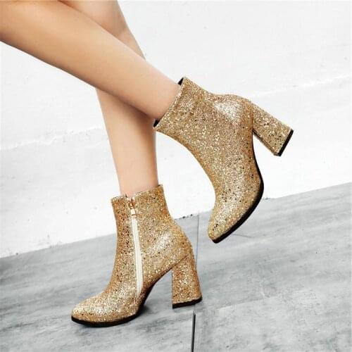 Winter Spring Autumn Women Shoes Sequined Cloth High Heels Gold Silver Green Thick Heels Ladies Boots Fashion Zipper Ankle Boots
