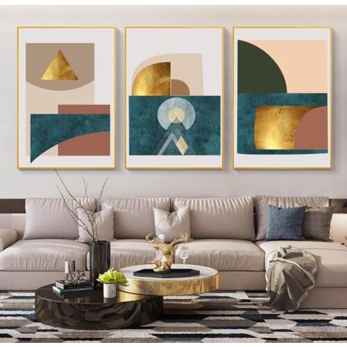 Modern Minimalist Nordic Canvas Painting Scandinavian Abstract Marble Golden Geometry Wall Picture For Living Room Home Decor