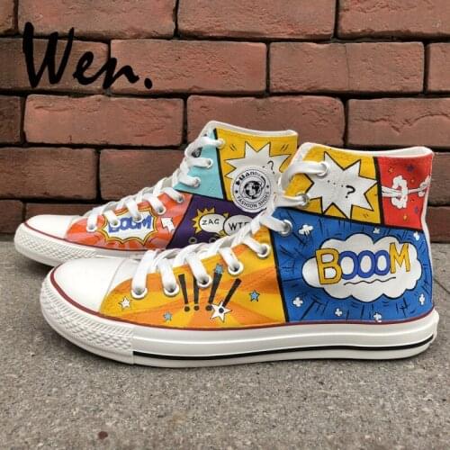 Wen Hand Painted Shoes Design Custom Colorful Cartoon Dialog Box Canvas Sneakers High Top Graffiti Painting Laced Plimsolls