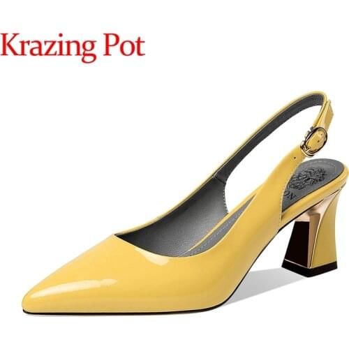 Krazing pot big size cow patent leather high heels pointed toe sexy shallow baotou metal buckle straps mules women sandals L62