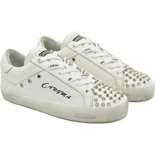 CANGMA Luxury Brand Designer Sneakers Women Rivets Lace Up Casual Shoes Womans Flats Shoes White Vulcanized Shoes Female