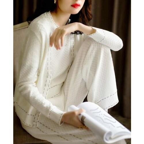 2020 Sale New Arrival V-neck Elastic Waist Womens Suit Knitted Vest + Cardigan Pants Three-piece Fashion Western Style Ice