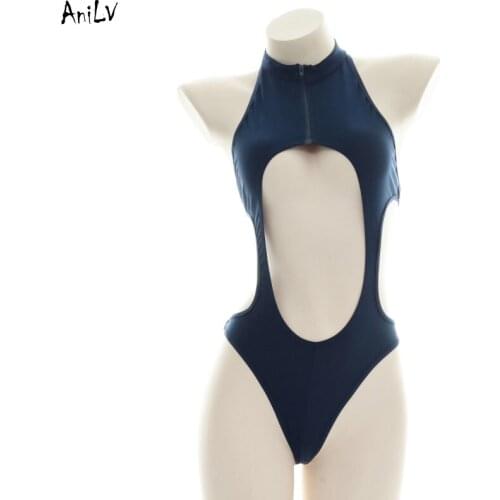 AniLV High Neck Zipper Halter Backless Bodysuit Swimsuit Costume Women Sexy Chest Hollow One-piece Swimwear Uniform Set Cosplay