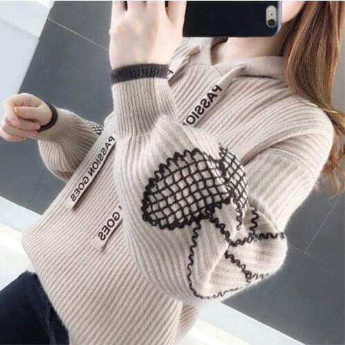Womens Elbow Patch Hooded Sweater Women Cashmere Sweater Loose Turtleneck Knitting Sweater for Ladies
