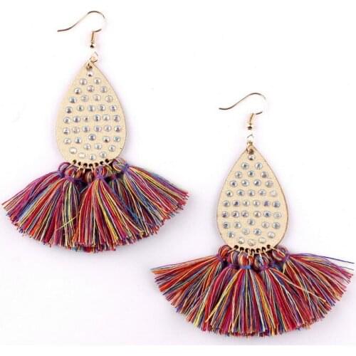 ZWPON 2019 Pave AB Rhinestone Leather Teardrop Fan Fringe Tassel Earrings for Women Fashion Bohemian Statement Earring Wholesale