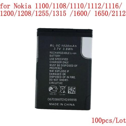 100pcs/lot High Quality 1020mAh BL-5C battery for Nokia 1100/1108/1110/1112/1116/1200/1208/1255/1315 /1600/ 1650/2112
