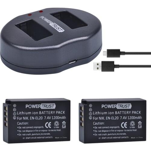 PowerTrust 2Pcs 1200mAh EN-EL20 EN-EL20a EN EL20 battery + Dual USB Charger for NIKON 1 J1 J2 J3 S1 Camera