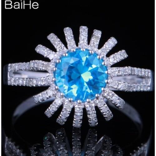 BAIHE Solid 14K White Gold 1.24CT Round Genuine Blue Topaz Wedding Women Trendy Fine Jewelry Blue Topaz Ring