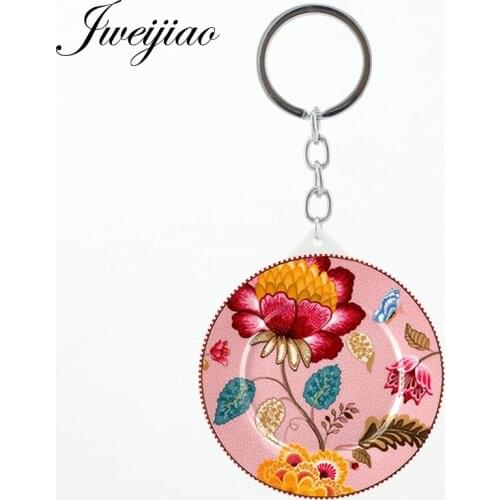 JWEIJIAO flowers Decorative pattern Beauty Health Compact mirror keychains Chinese handmade Round Makeup mirrors N621
