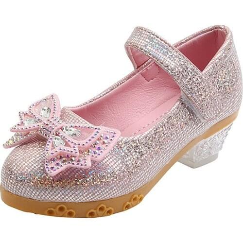 Girls Leather Shoes Rhinestone Sequins Girls Princess Shoes Cute Bow High Heel Kids Dress Shoes 2021 New Size 26-36 E616