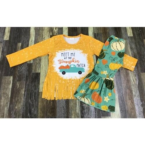 Childrens Boutique Thanksgiving Green Pickup Truck Pumpkin Tassel girl long Sleeve Bell Bottom suit