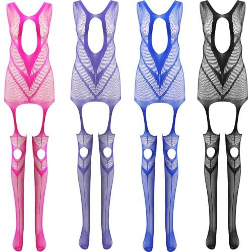 Women Fishnet Bodystocking Open Crotch Lingerie See-through Mesh Bodysuit Hollow Out Sleeveless Crotchless Jumpsuit Nightwear