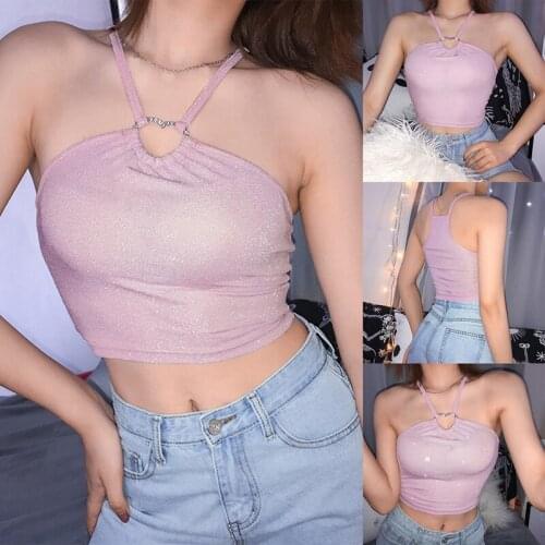 Hot kf-Womens Fashion Sexy Pure Love Diamond Bright Silk Halter Vest Pink