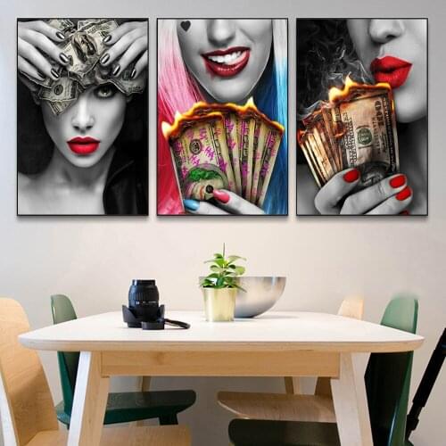 Modern Girl Burn Money Fashion Poster Canvas Art Wall Picture On Home Decor Printed Fabric Painting For Living Room Mural Cuadro