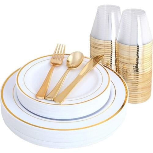 70pcs Disposable Gold Tableware set Wedding Party Plastic Knives Forks Spoons Golden Dinner Plate Restaurant Dinnerware