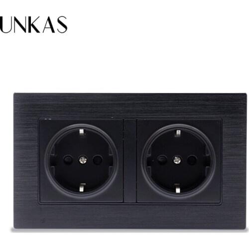 UNKAS Luxury Aluminum Panel Wall Power Dual Socket Plug Grounded 16A EU Standard Electrical Double Outlet 146mm * 86mm