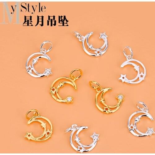 New 925 Sterling Silver Korean version accessories hollowed out moon zircon flash Star Pendant DIY Bracelet Necklace Pendant