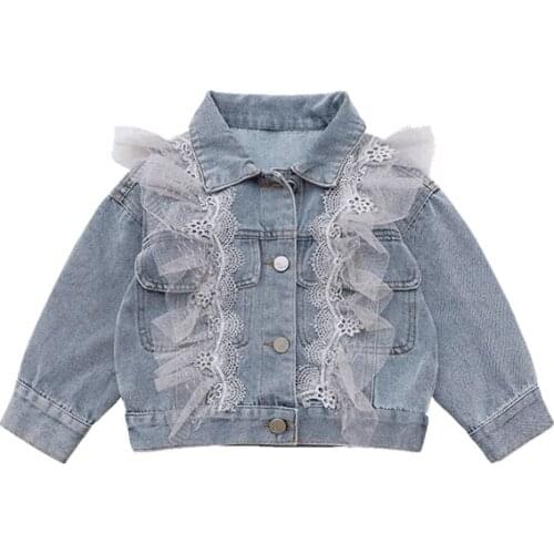 New spring children lace thin denim jackets girl fashion short outerwear kids light color single-breasted coats