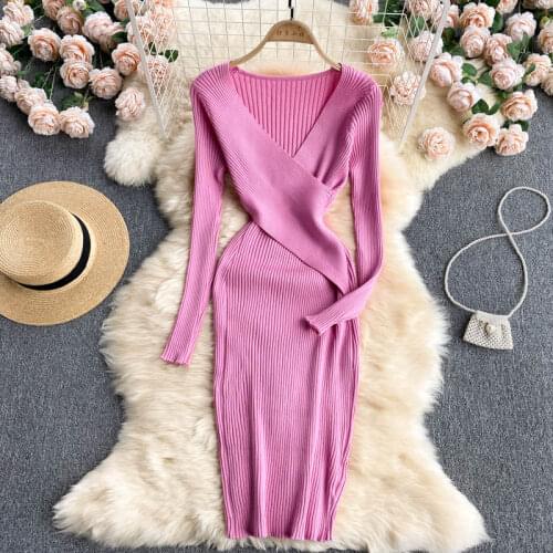Autumn Winter Ribbed Knit Dresses Women Long Sleeve Short Bodycon V-Neck Party Dress All-Match Vestidos femme